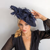 Navy blue large feather saucer disc fascinator hat