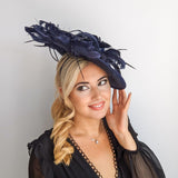 Navy blue large feather saucer disc fascinator hat