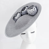 Silver shimmer flower large saucer disc fascinator hat