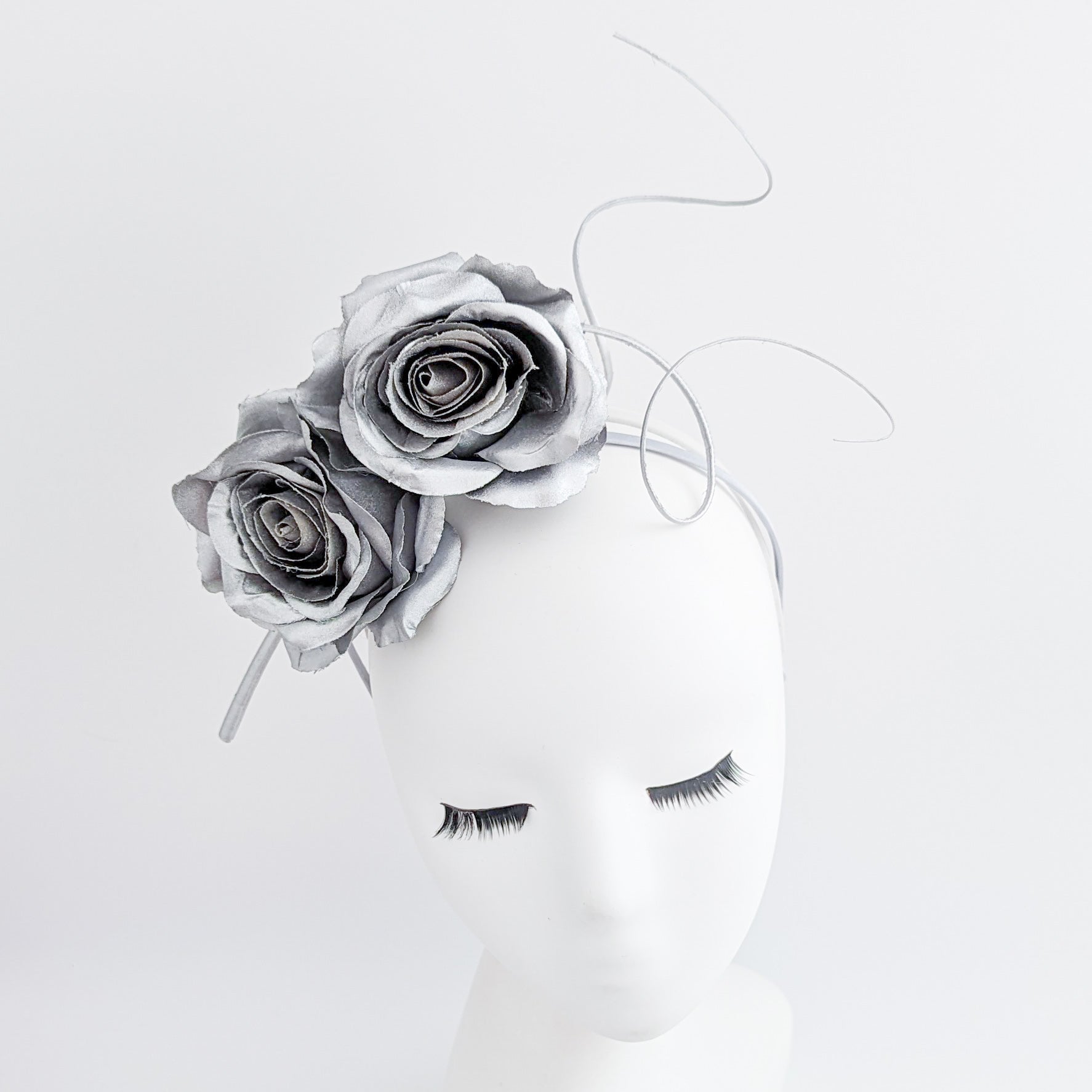 Silver shimmer rose flower fascinator hat