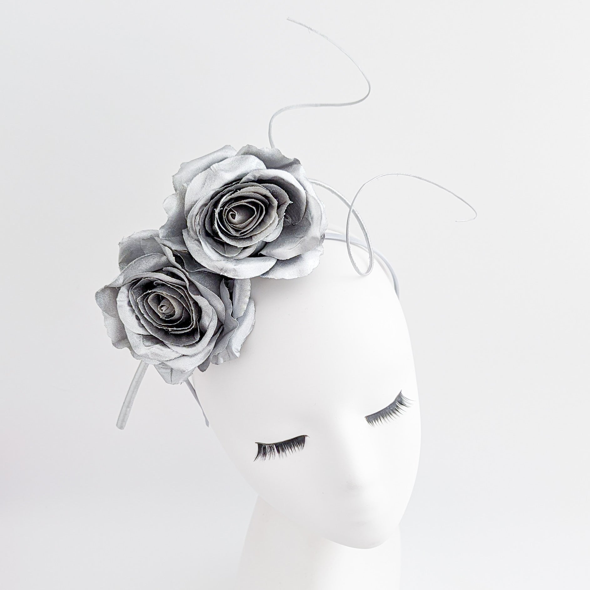 Silver shimmer rose flower fascinator hat