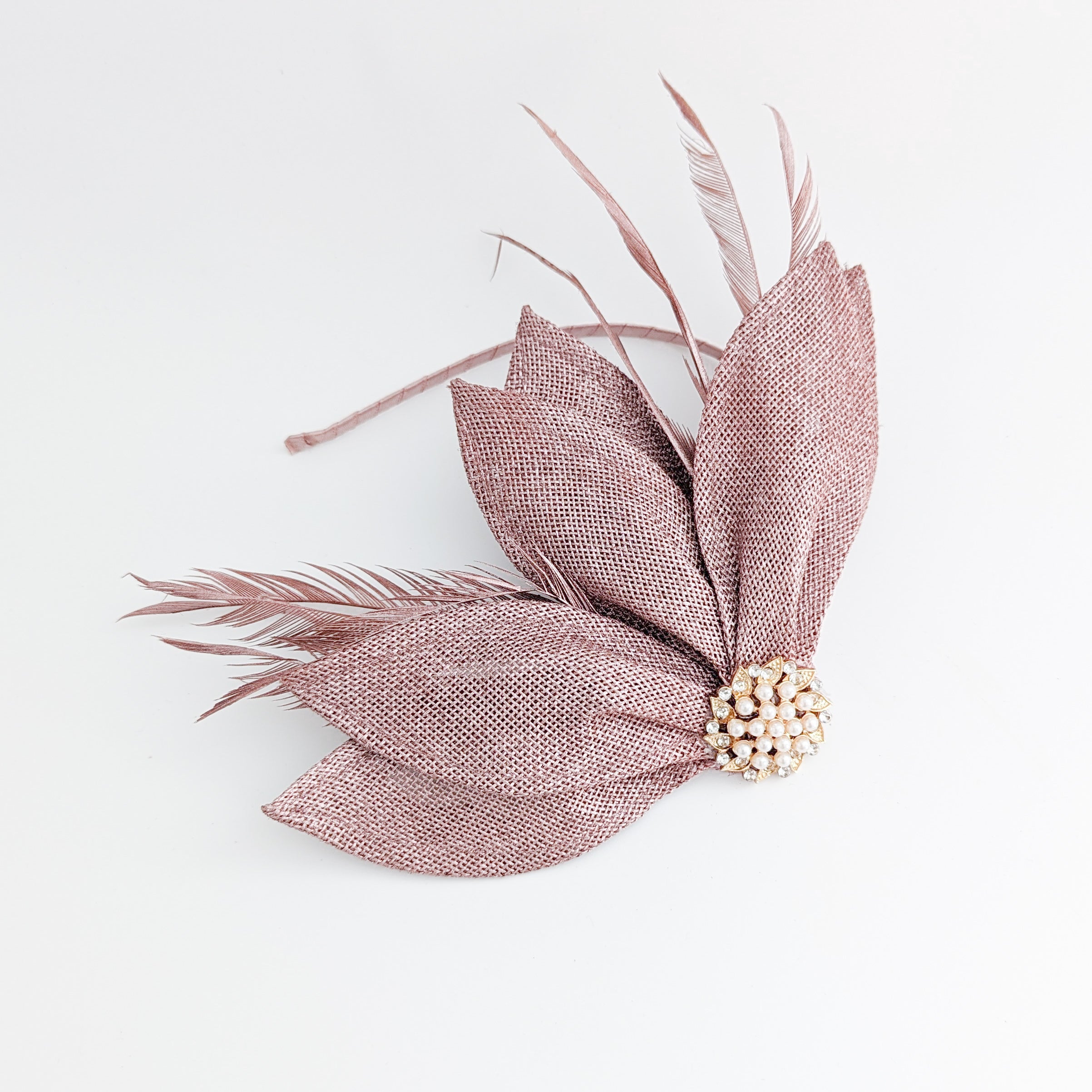 Rose gold shimmer feather petal fan fascinator hat