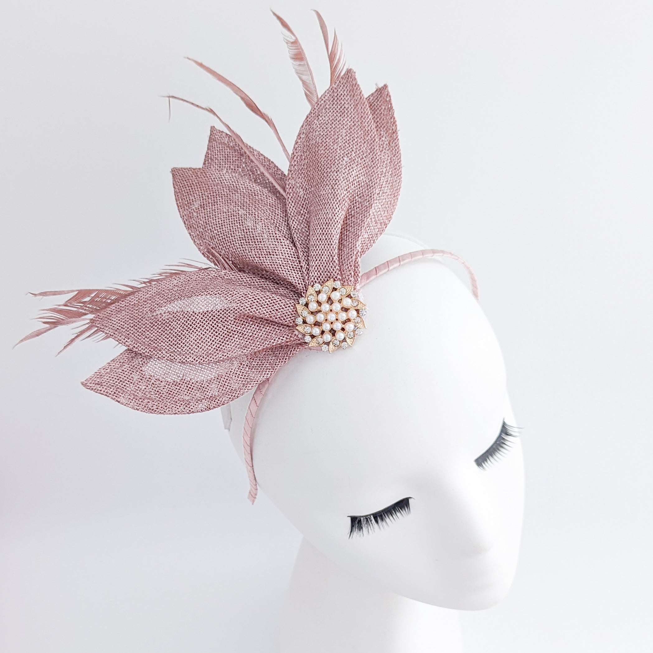 Rose gold shimmer feather petal fan fascinator hat