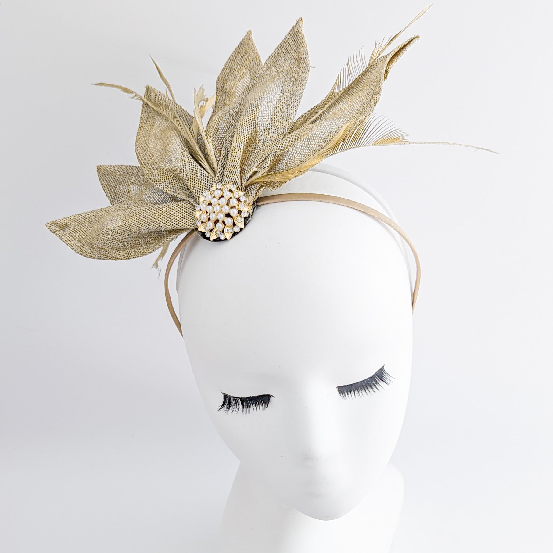 Gold shimmer feather petal fan fascinator hat