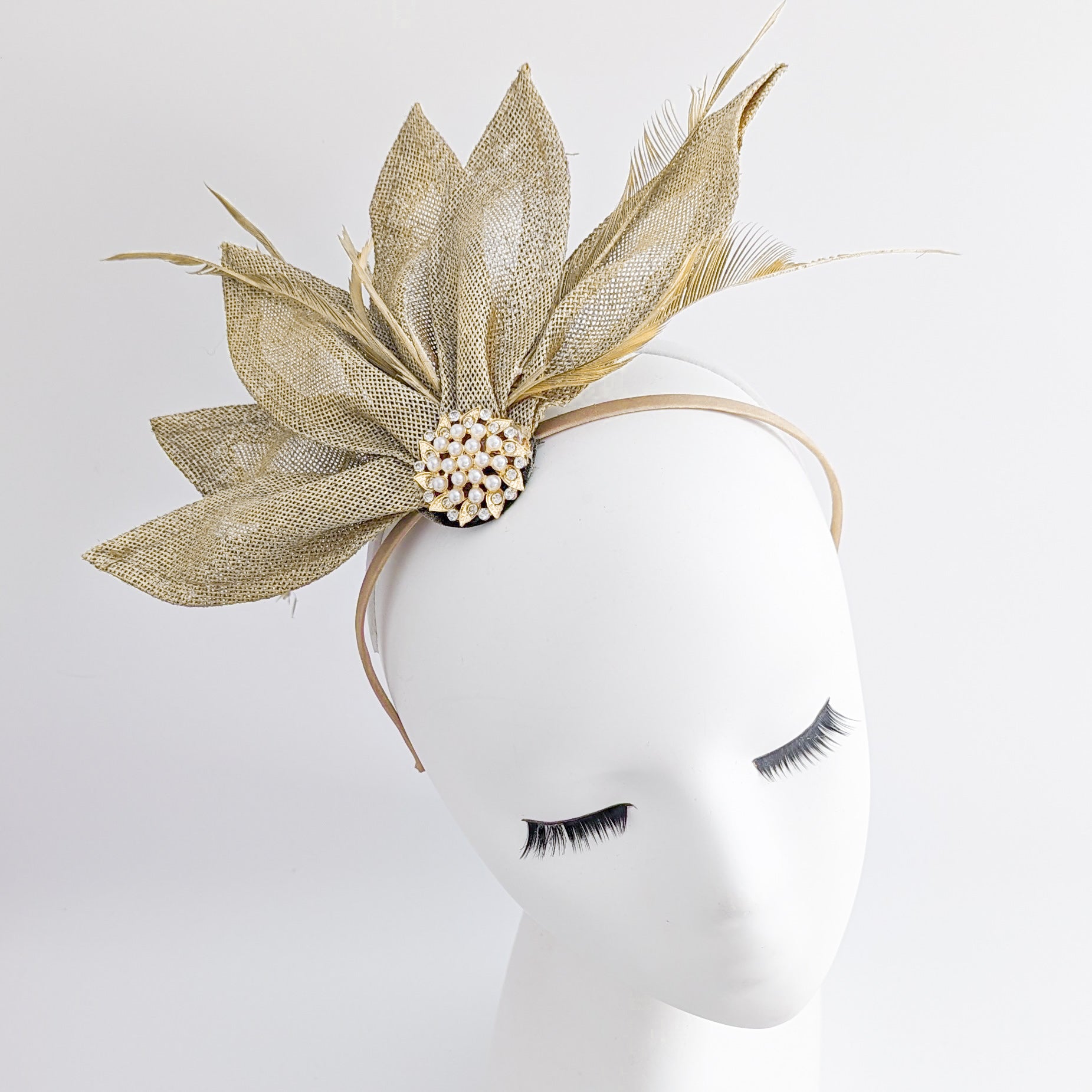 Gold shimmer feather petal fan fascinator hat