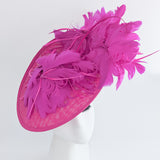 Fuchsia pink large feather saucer disc fascinator hat