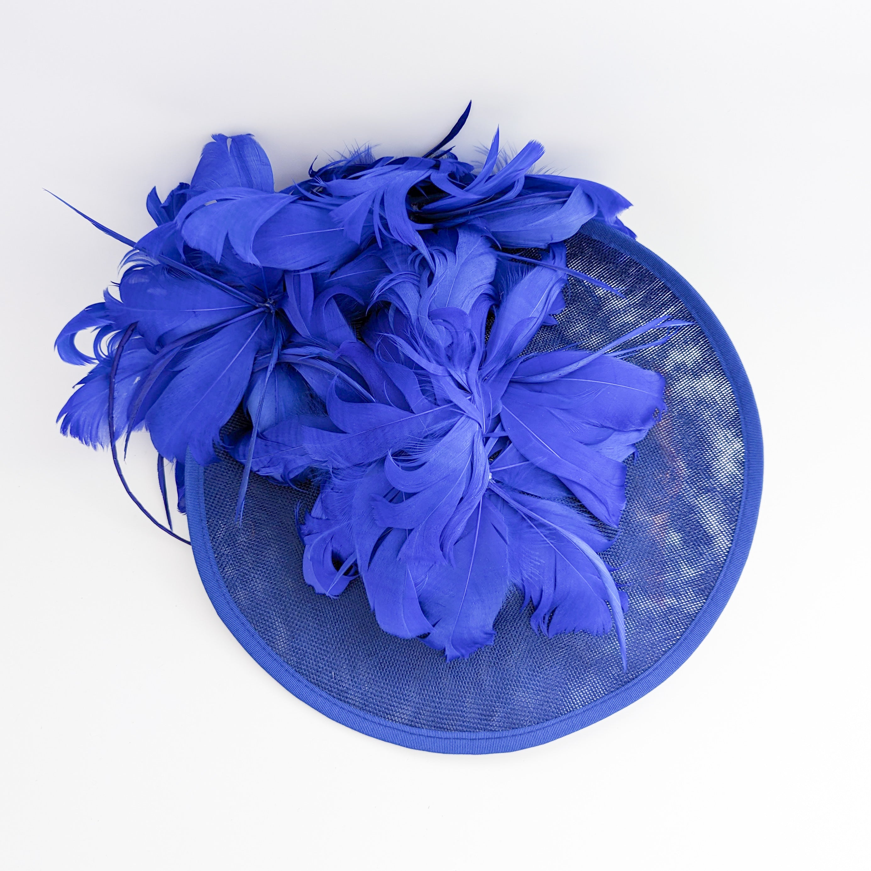 Royal cobalt blue large feather saucer disc fascinator hat