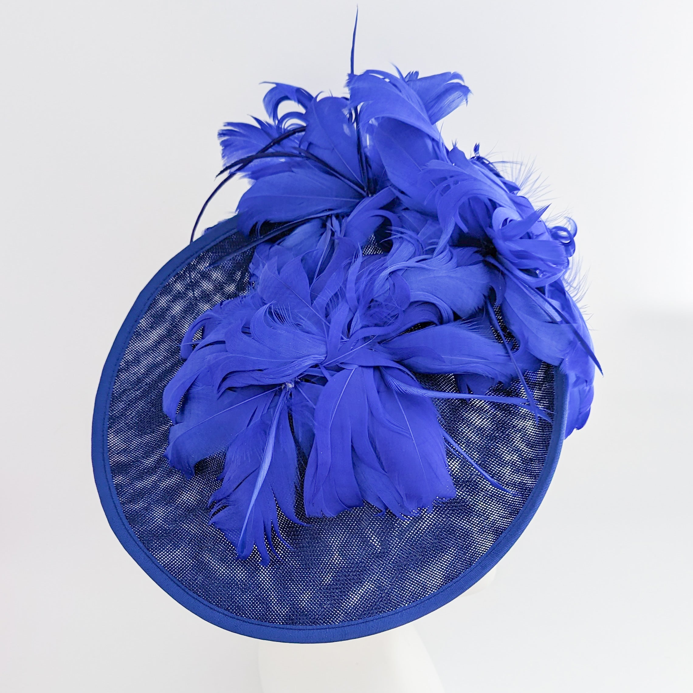 Royal cobalt blue large feather saucer disc fascinator hat