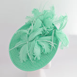 Seafoam mint green feather large saucer disc fascinator hat