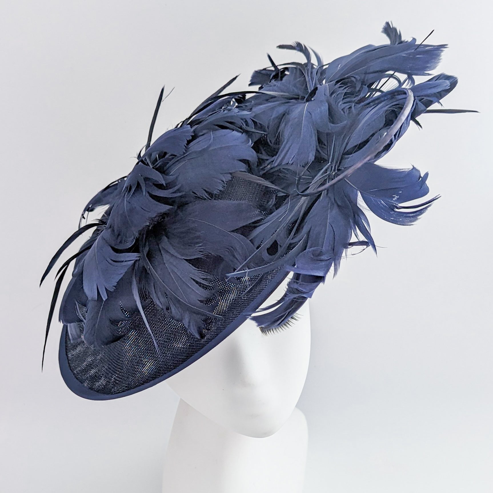 Navy blue large feather saucer disc fascinator hat