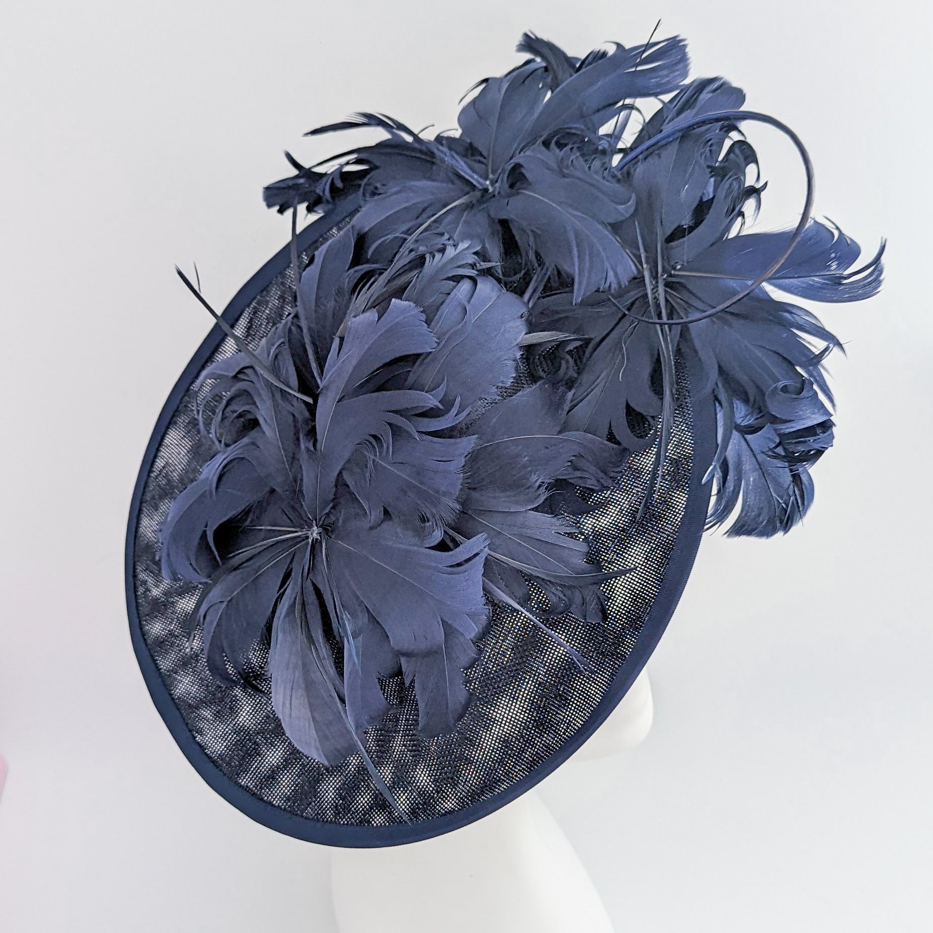 Navy blue large feather saucer disc fascinator hat