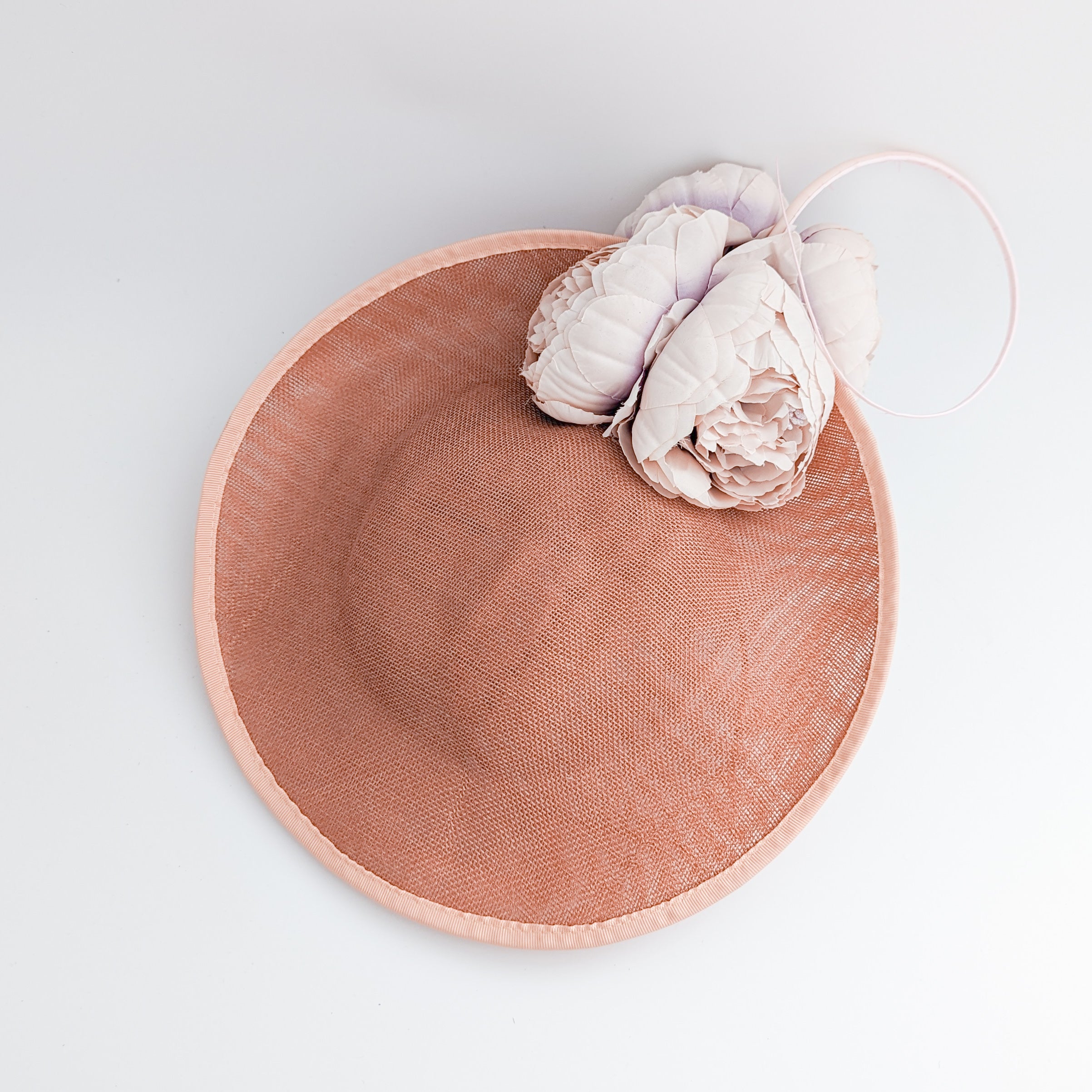 Terracotta dusty pink large flower saucer disc fascinator hat