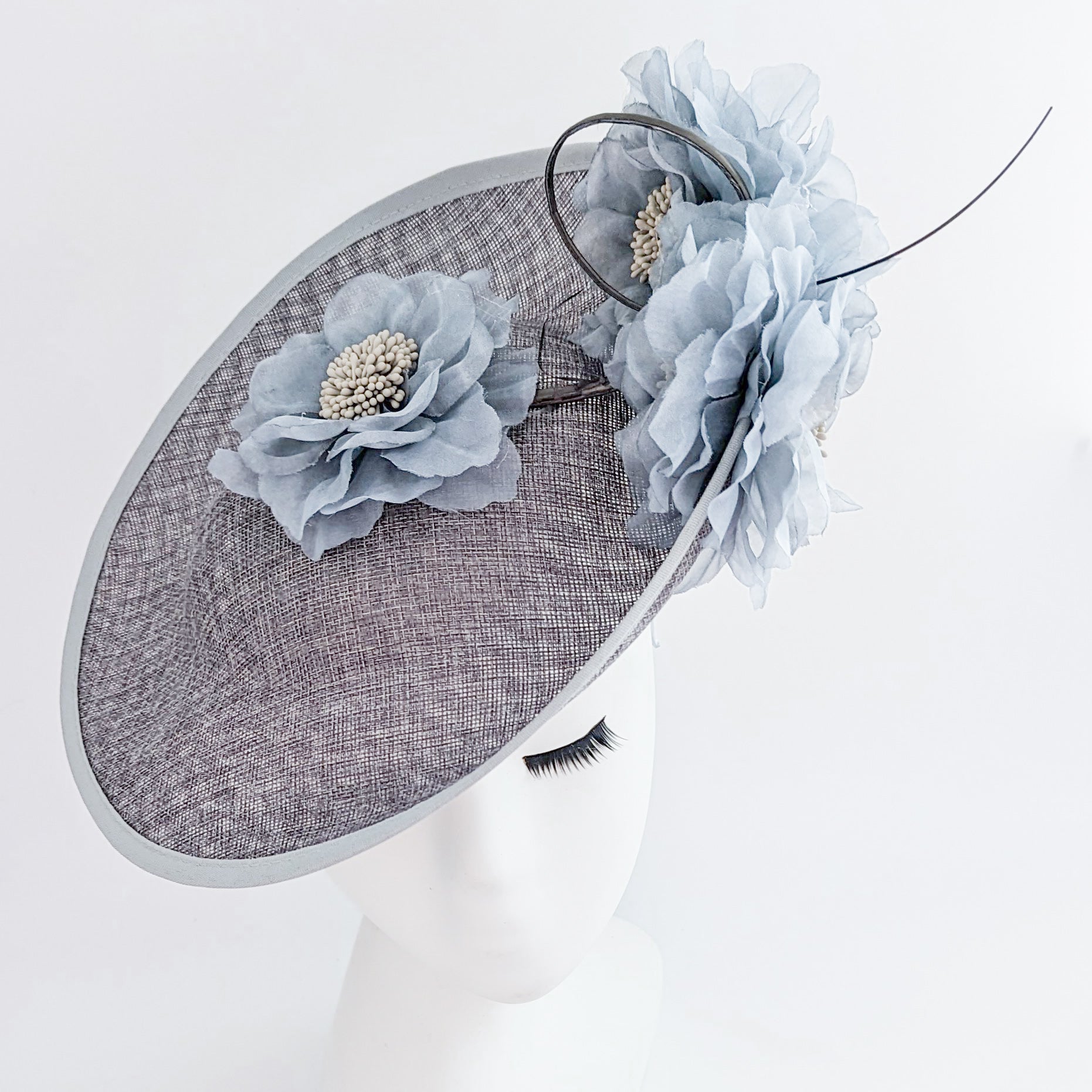 Grey large flower saucer disc fascinator hat