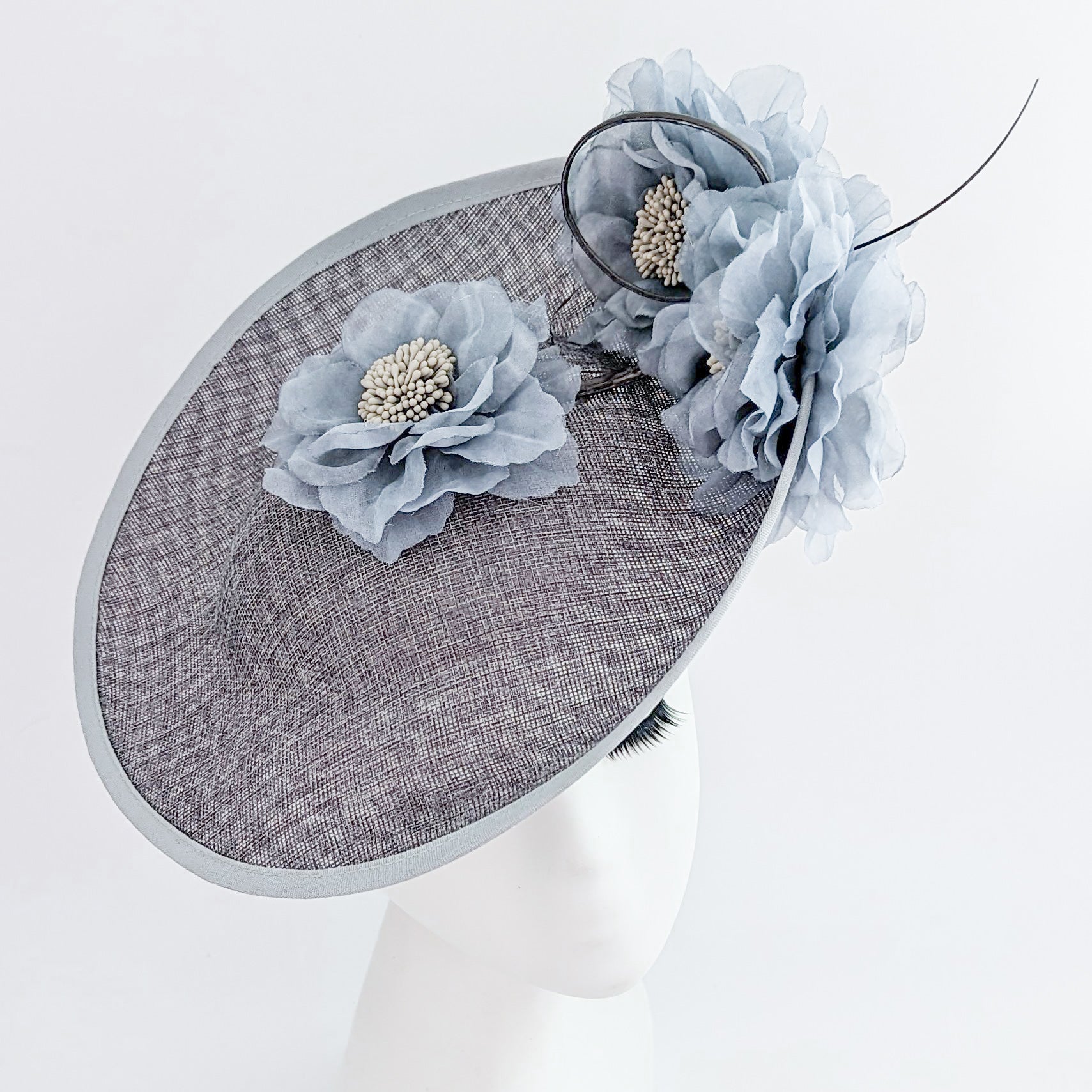 Grey large flower saucer disc fascinator hat