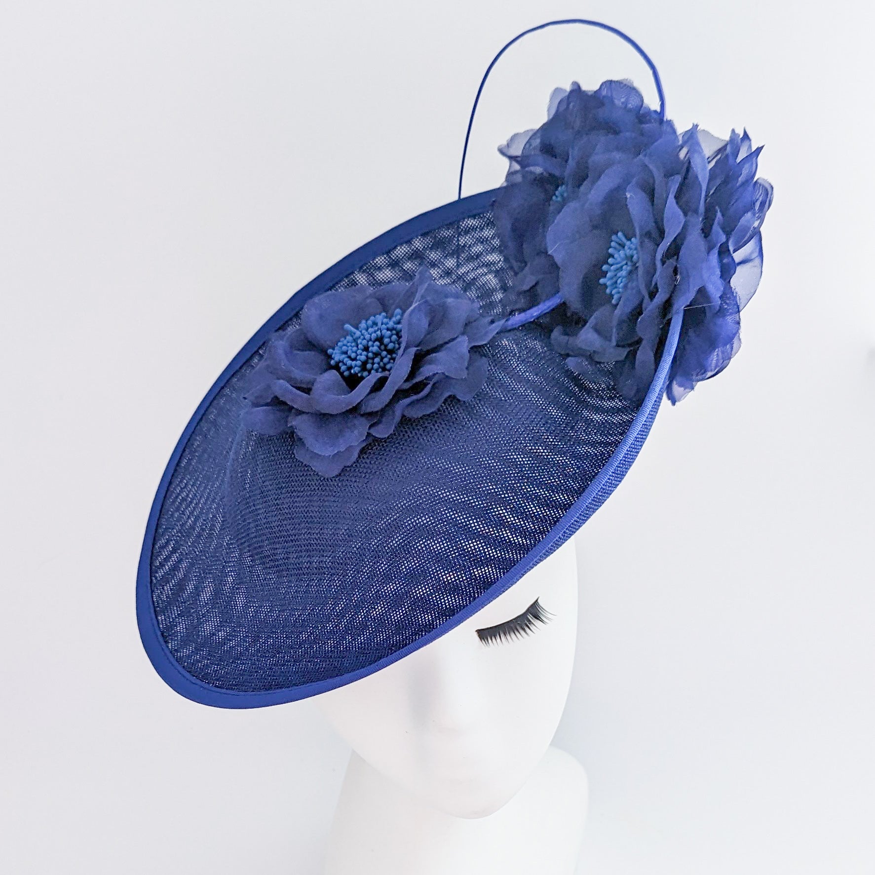 Royal cobalt blue large flower saucer disc fascinator hat