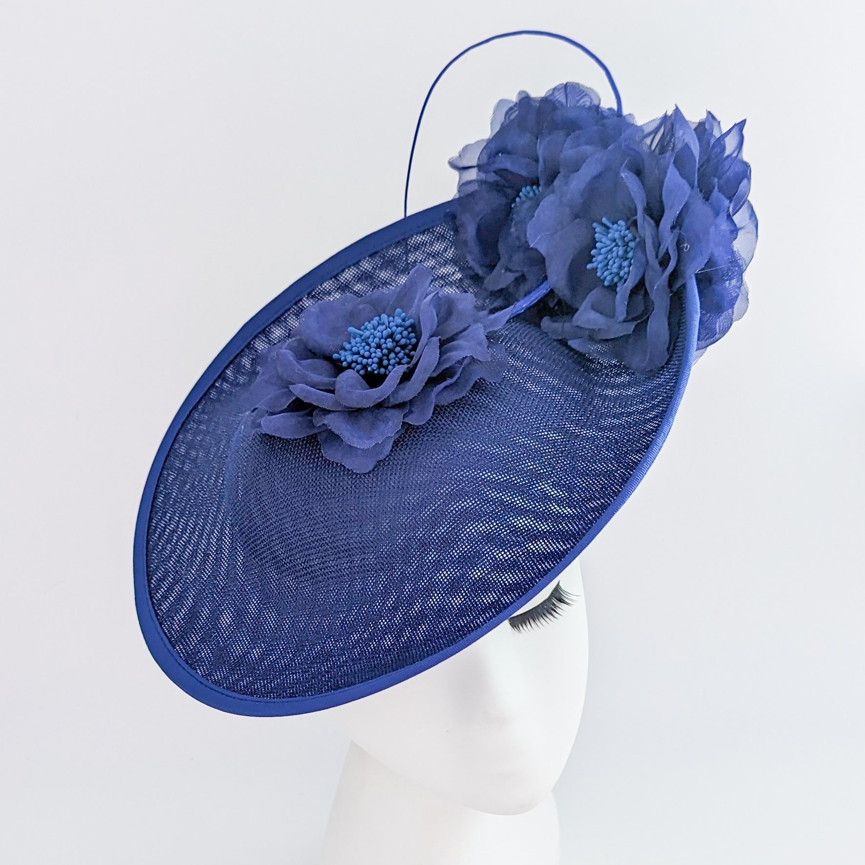 Royal cobalt blue large flower saucer disc fascinator hat