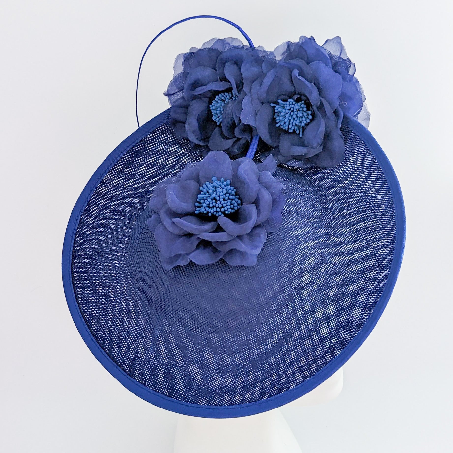 Royal cobalt blue large flower saucer disc fascinator hat