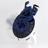 Navy blue flower fascinator disc saucer hat