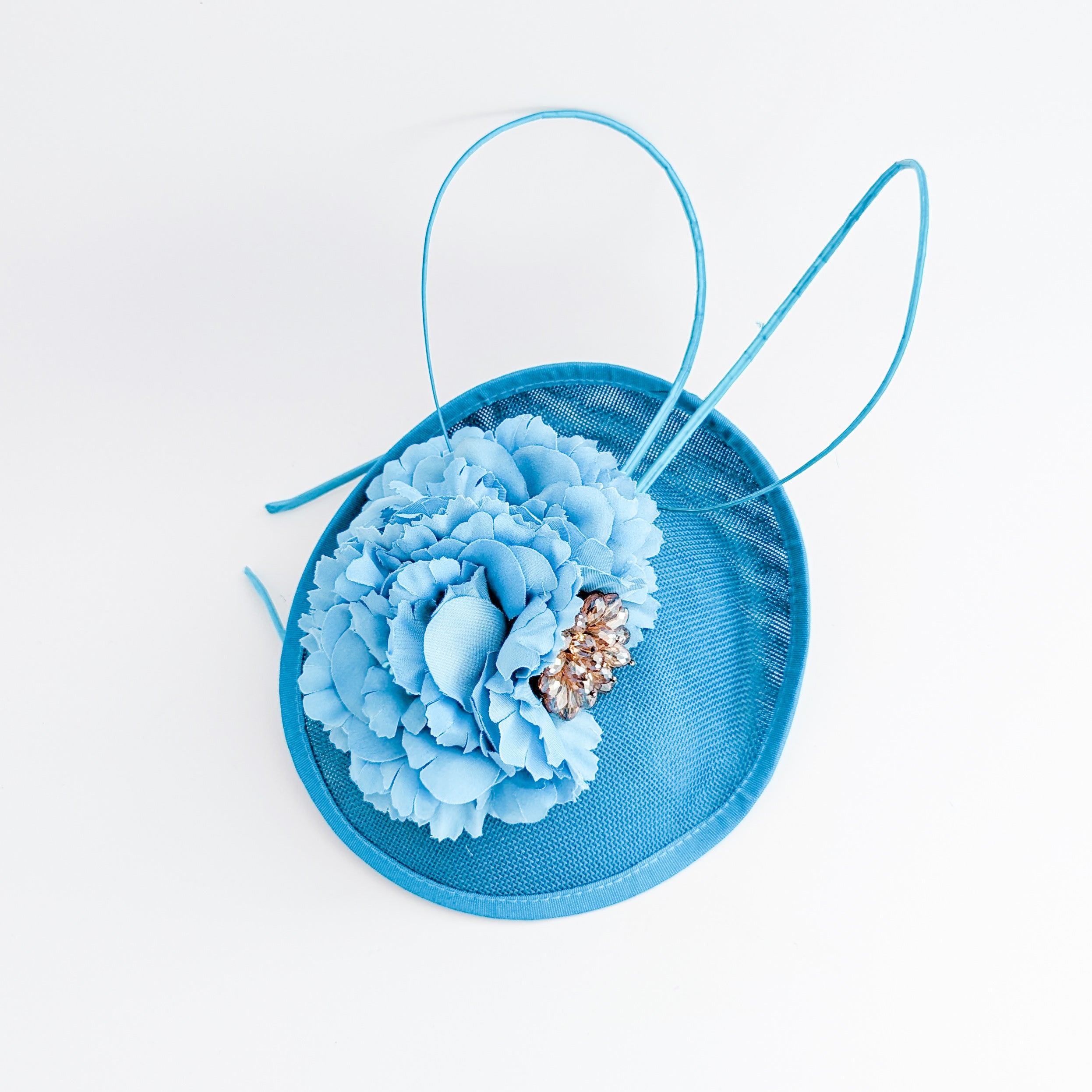 Sea blue flower disc saucer fascinator hat