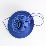 Royal cobalt blue flower disc saucer fascinator hat