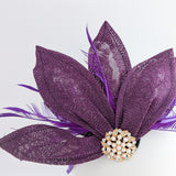 Dark plum purple feather petal fan fascinator hat