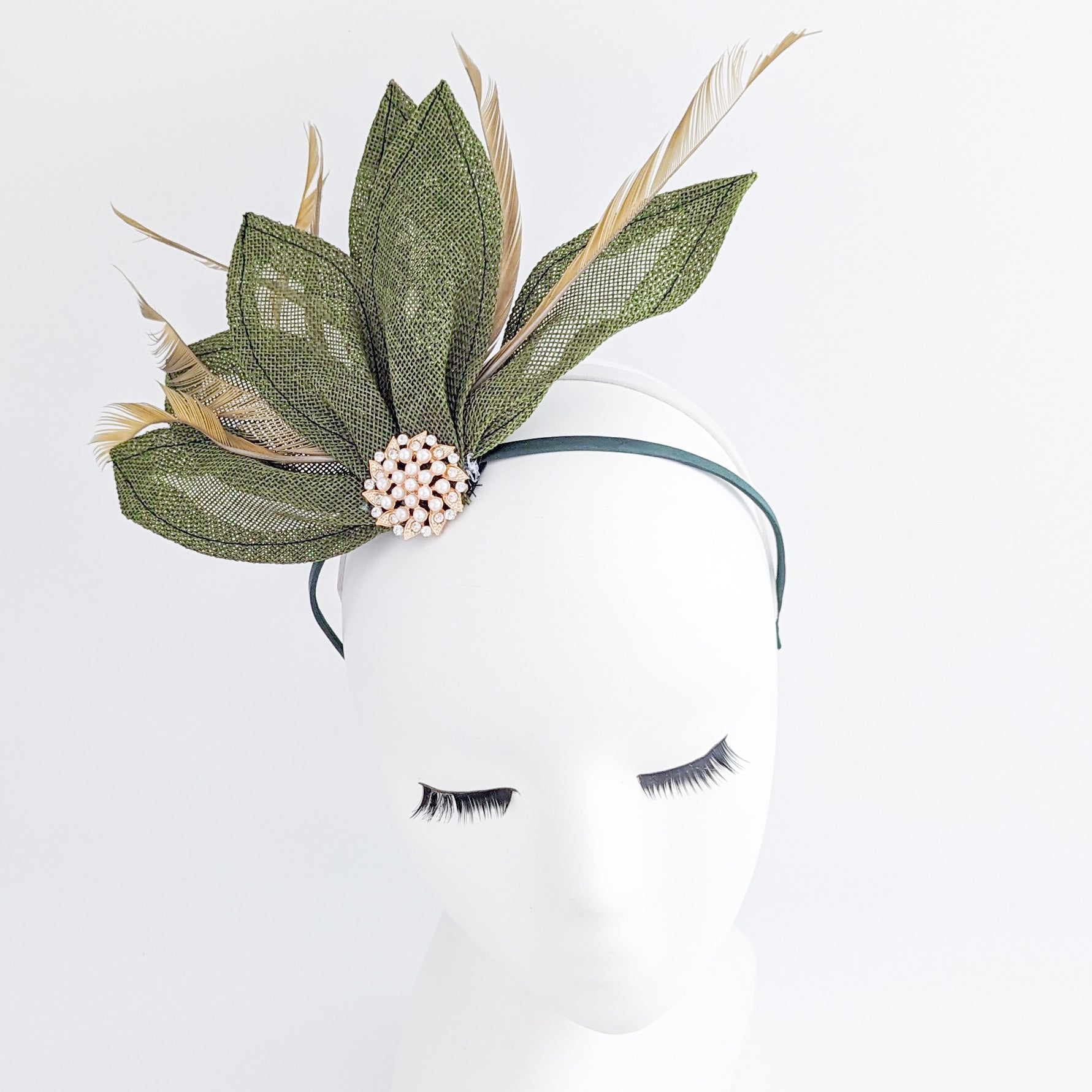 Moss green feather petal fan fascinator hat