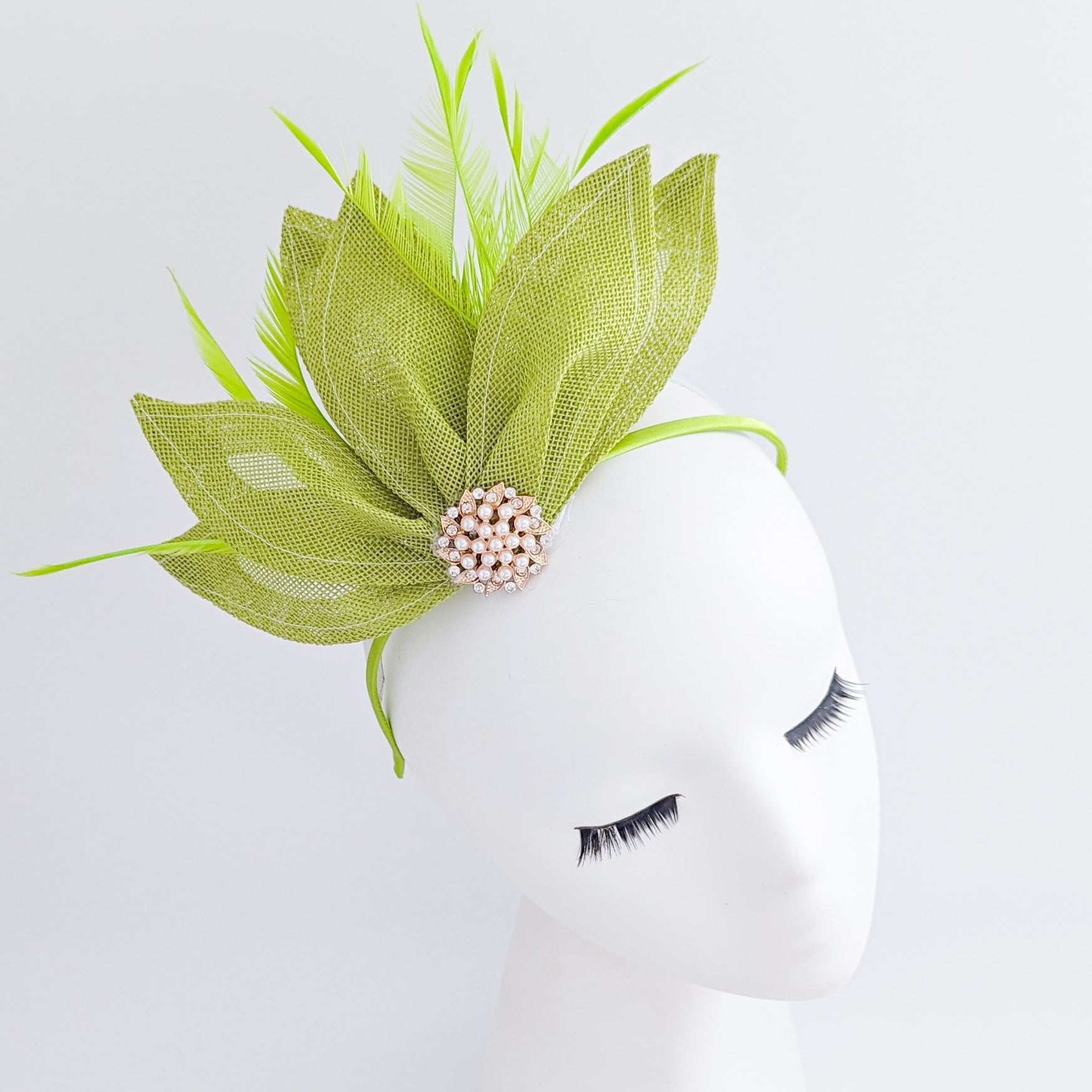 Matcha lime green feather petal fan fascinator hat