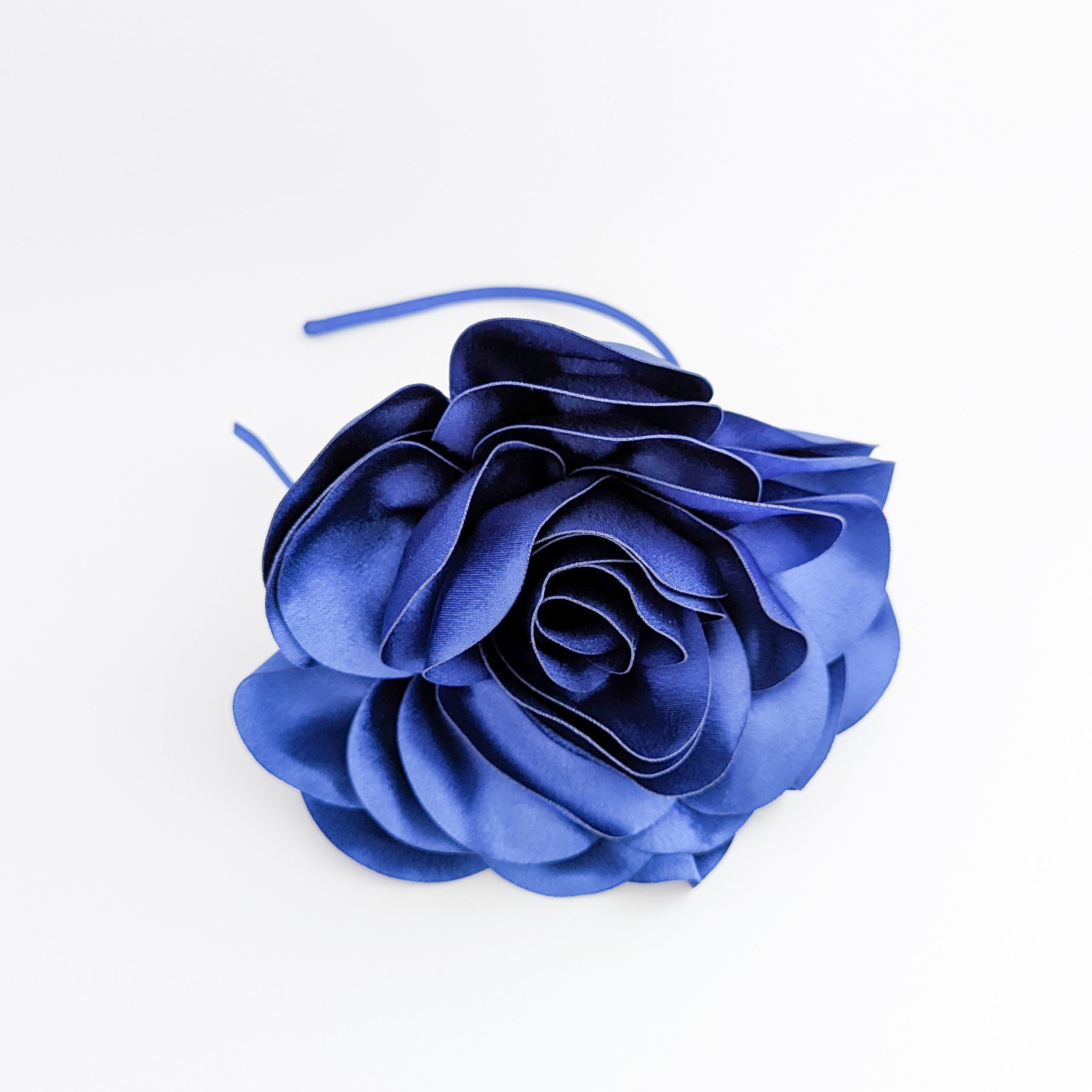 Large royal cobalt blue satin rose fascinator hat