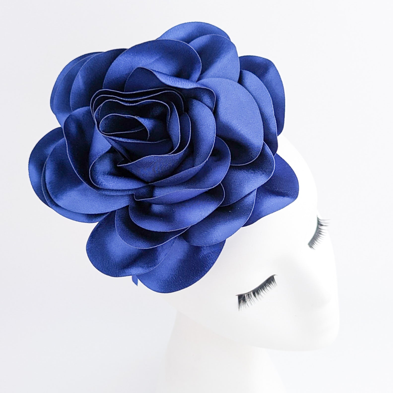 Large royal cobalt blue satin rose fascinator hat