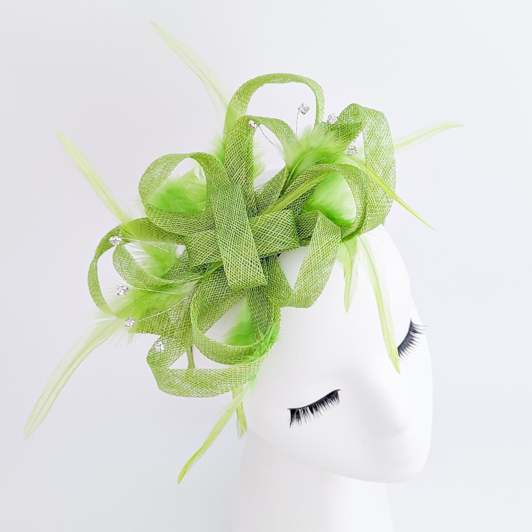 Lime green crystal feather fascinator hat