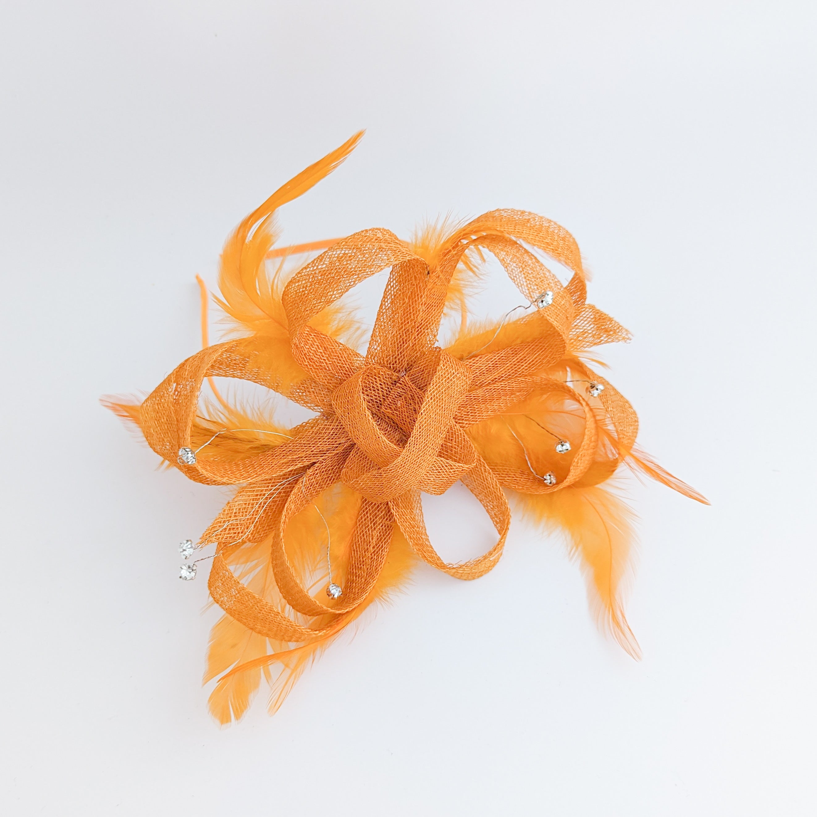 Orange crystal feather fascinator hat