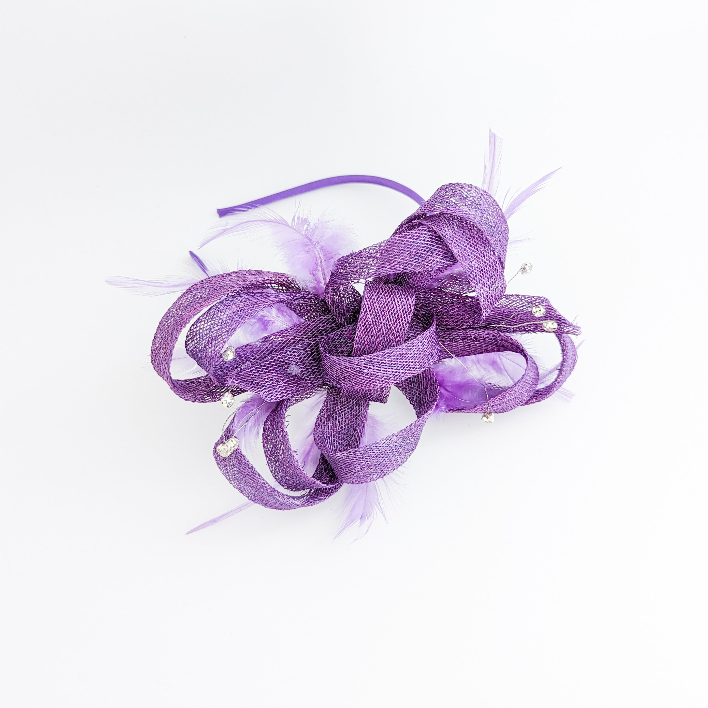 Royal purple crystal feather fascinator hat