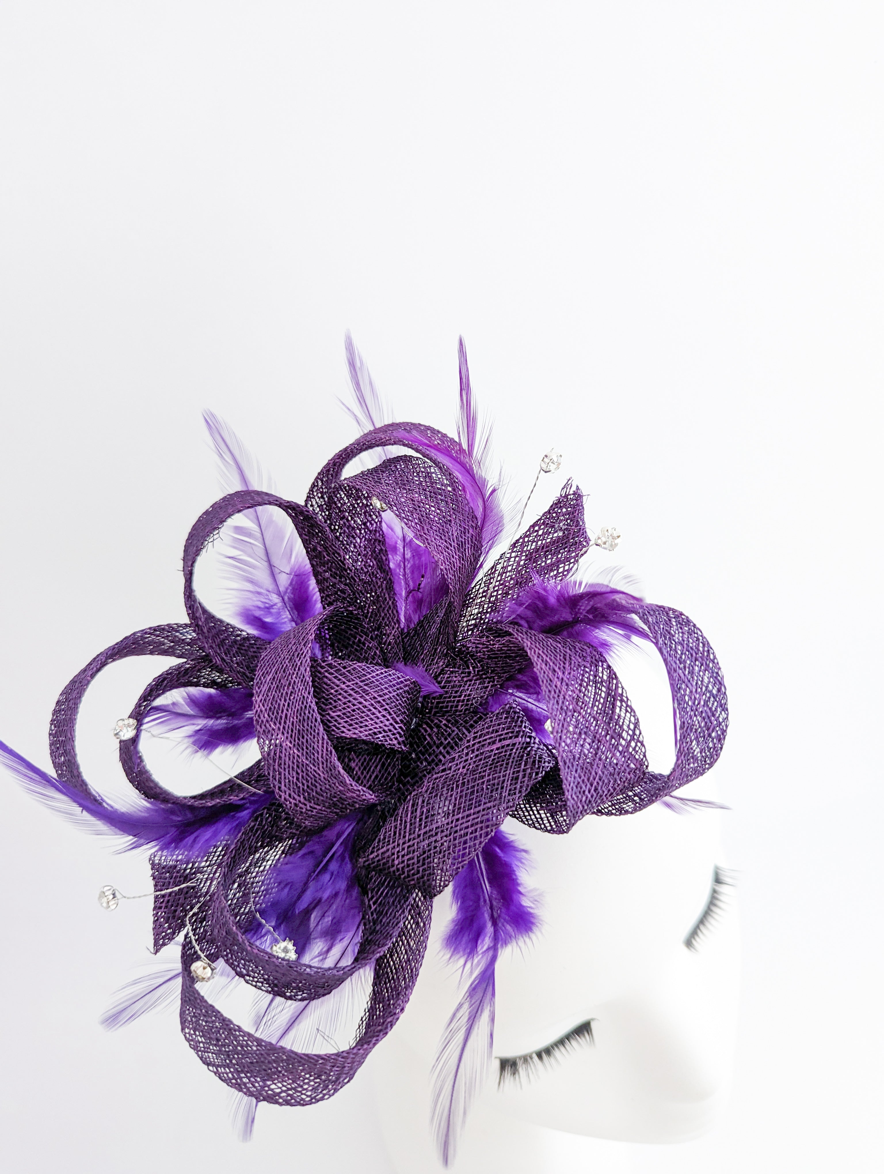 Aubergine cadbury purple crystal feather fascinator hat