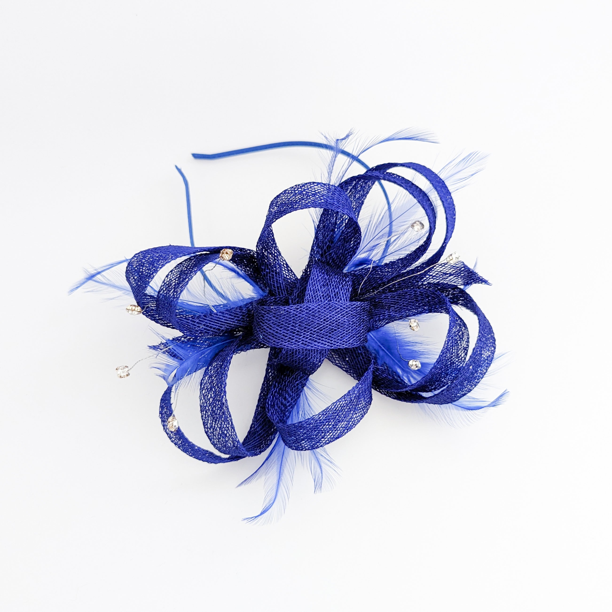 Royal cobalt blue crystal feather fascinator hat