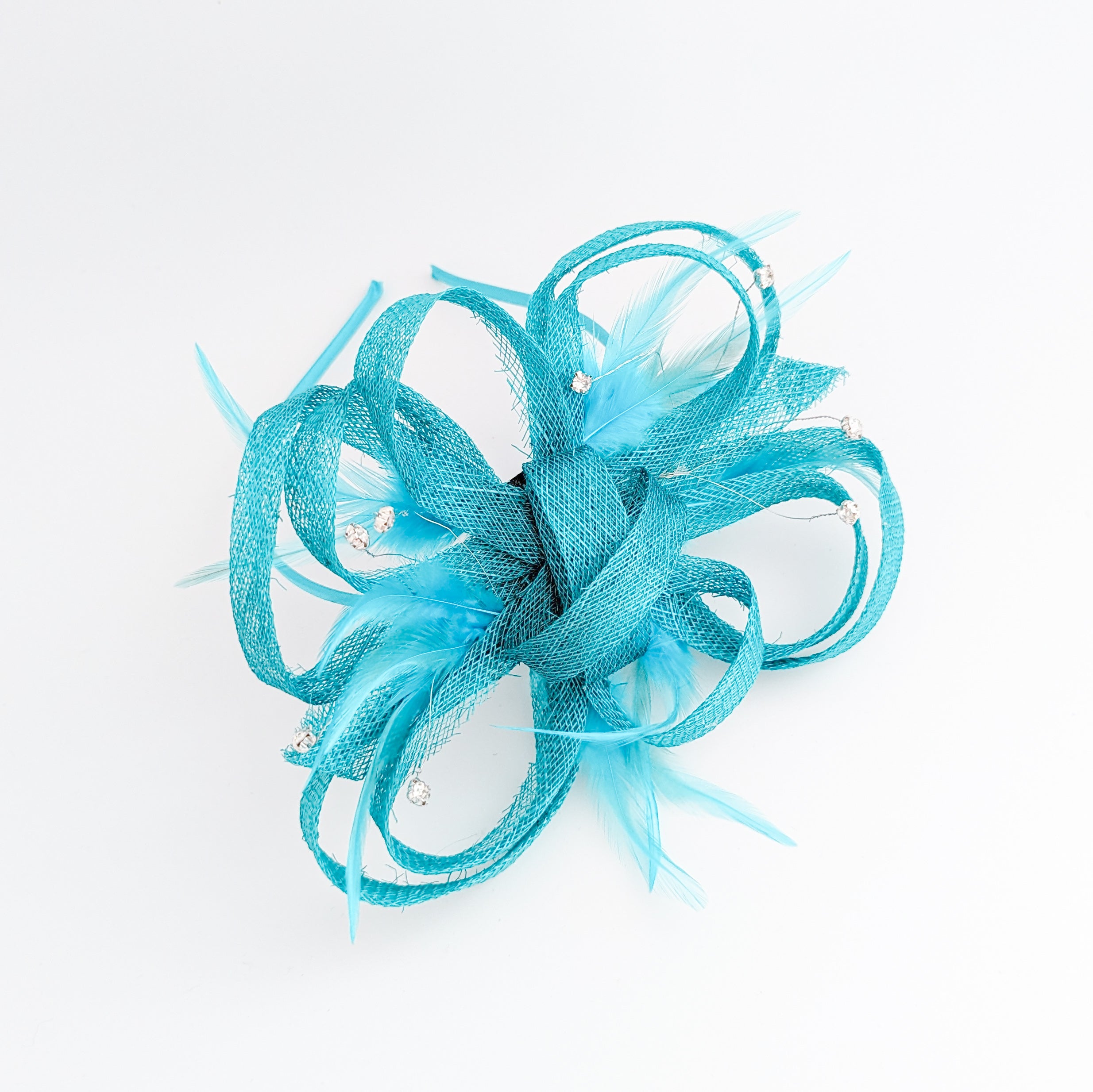 Dark aqua blue crystal feather fascinator hat