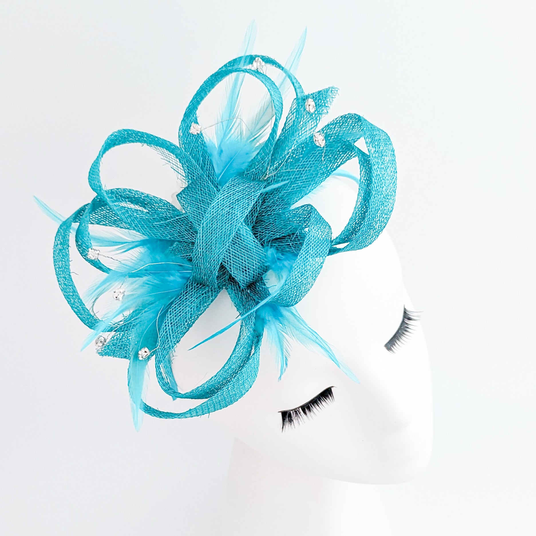 Dark aqua blue crystal feather fascinator hat