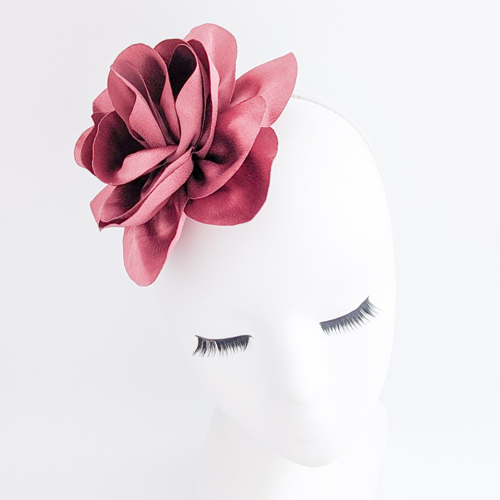 Dusty mulberry satin rose fascinator hat