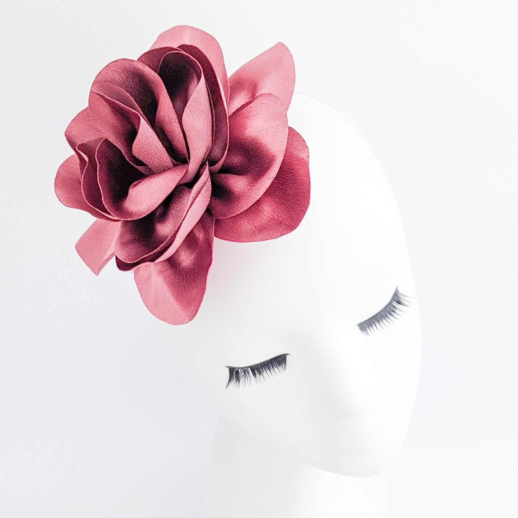 Dusty mulberry satin rose fascinator hat