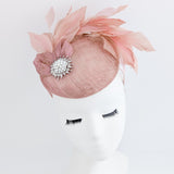 Blush pink feather pearl fascinator hat