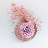 Blush pink flower feather disc saucer fascinator hat