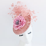 Blush pink flower feather disc saucer fascinator hat