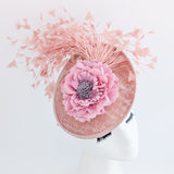 Blush pink flower feather disc saucer fascinator hat