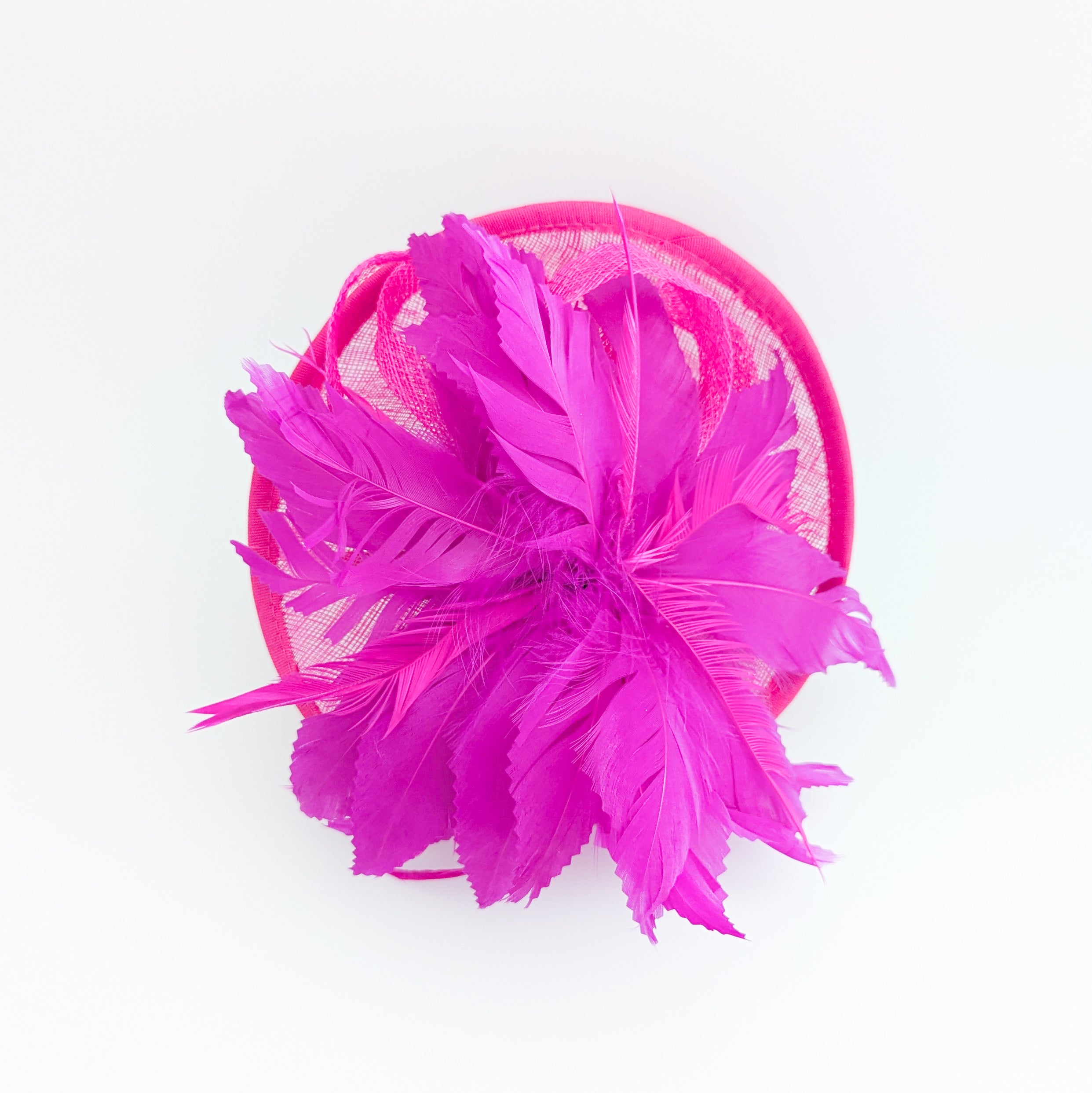 Fuchsia pink feather disc saucer fascinator hat