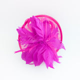 Fuchsia pink feather disc saucer fascinator hat