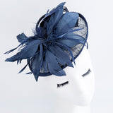 Cappello fascinator disco piuma blu navy