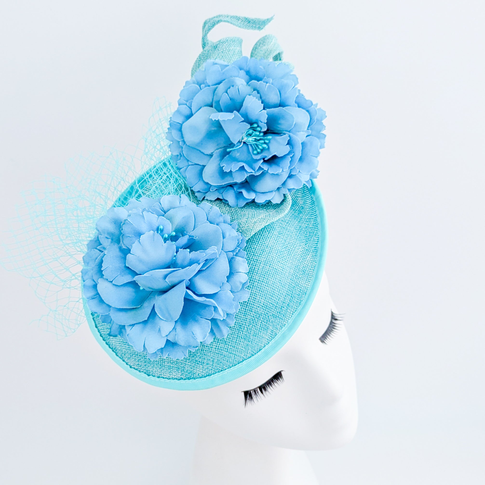 Seafoam mint green flower fascinator disc saucer hat