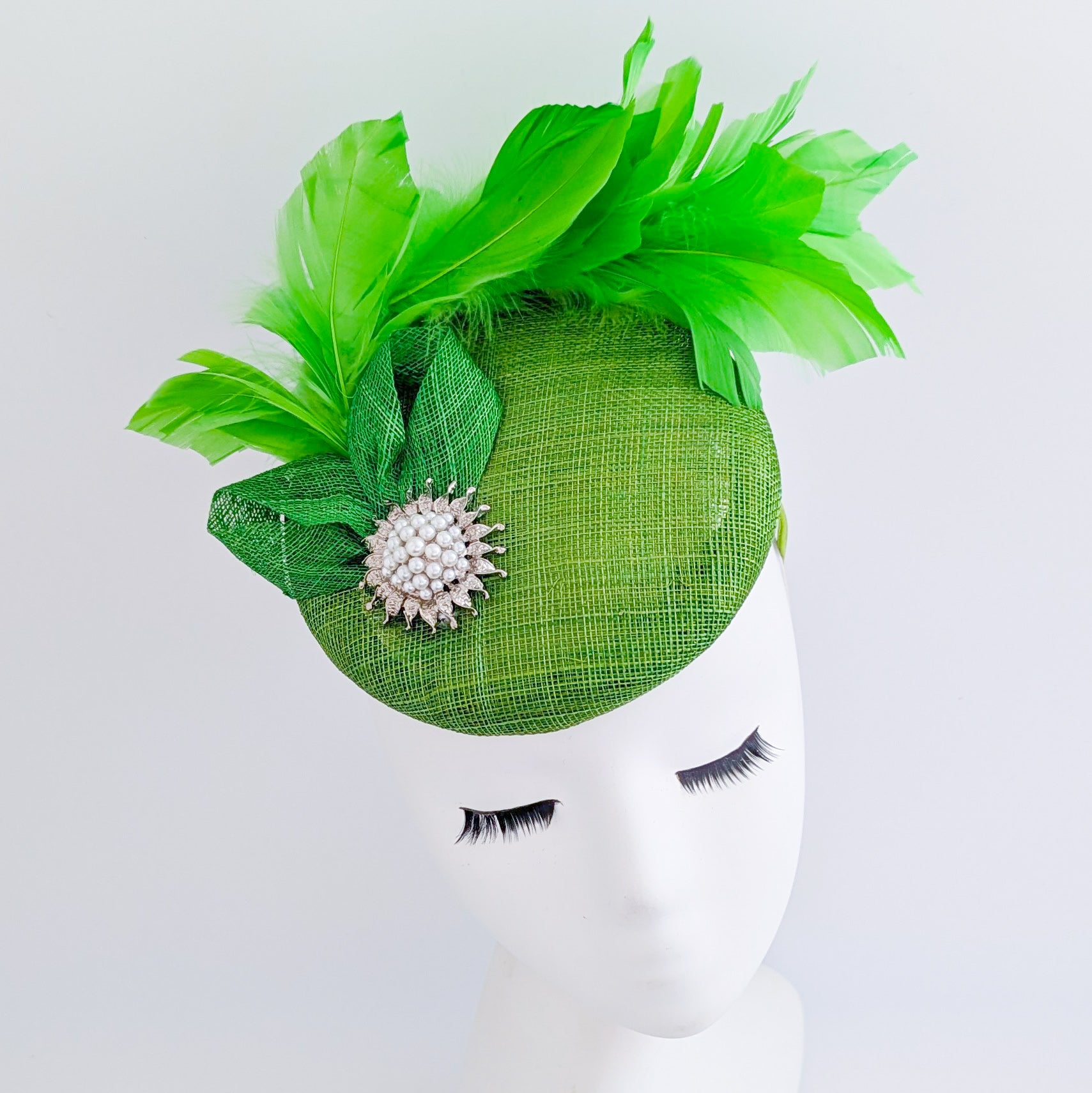 Lime green feather pearl fascinator hat
