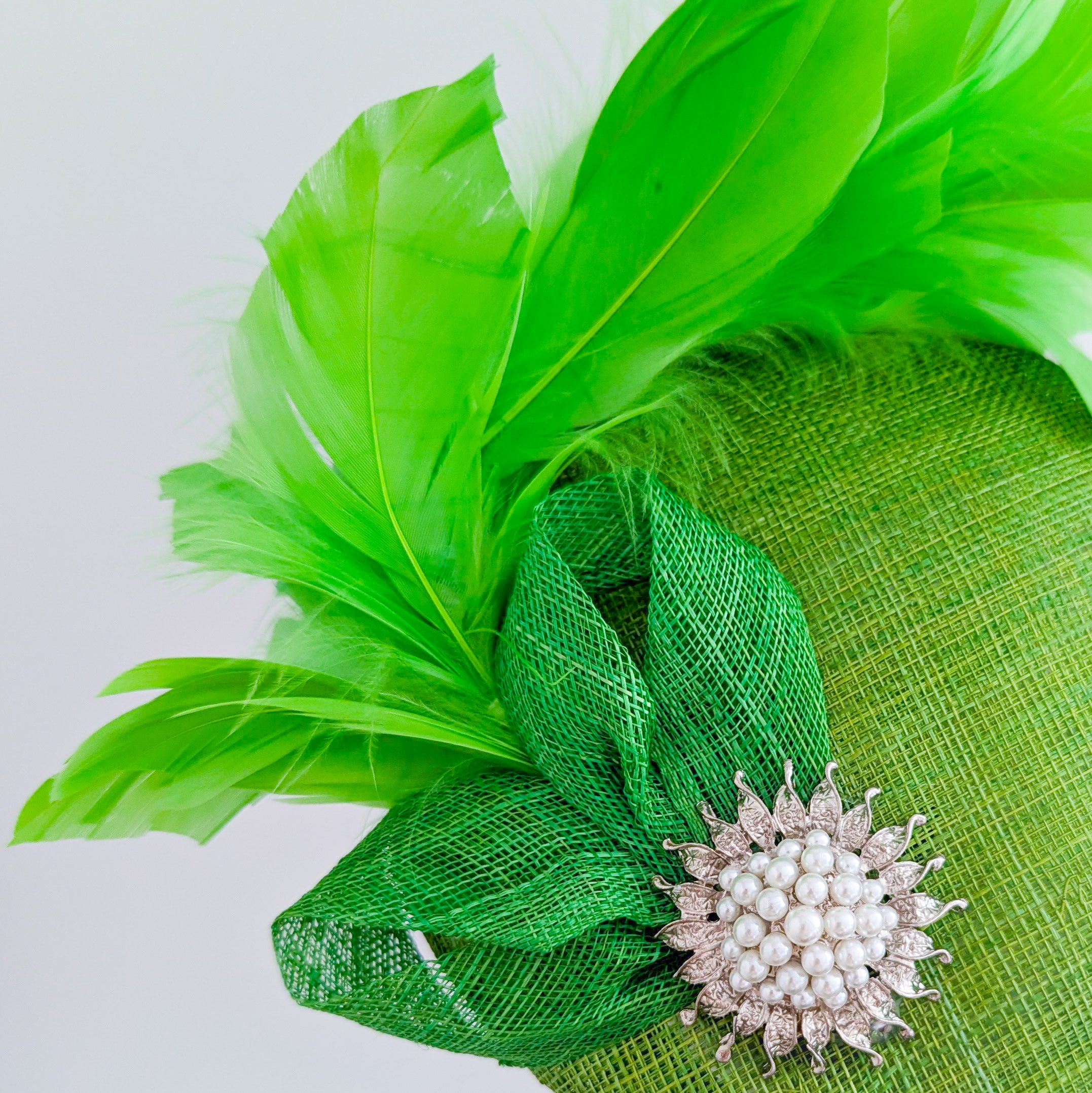Lime green feather pearl fascinator hat