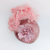 Blush pink flower feather disc saucer fascinator hat
