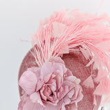 Blush pink flower feather disc saucer fascinator hat